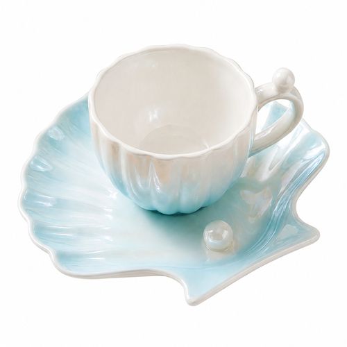 Creative Gradient Pearl Shell Coffee Cup & Saucer Set | Couple Afternoon Tea Ceramic Mug