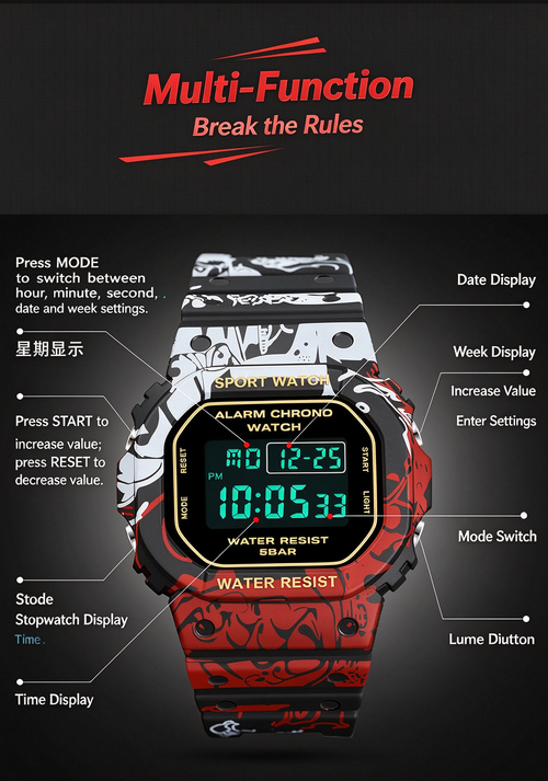 🔥Hot New Digital Watch, Waterproof Luminous Multifunctional Cool Sports Wrist Watch