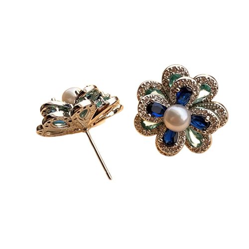 Freshwater Pearl Stud Earrings, Flower Zircon Inlaid Dainty Ear Jewelry for Women