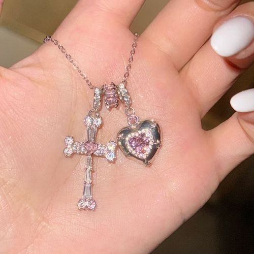 18K Gold Plated Cross & Heart Pendant Necklace, Inlaid Heart Design Versatile Chain