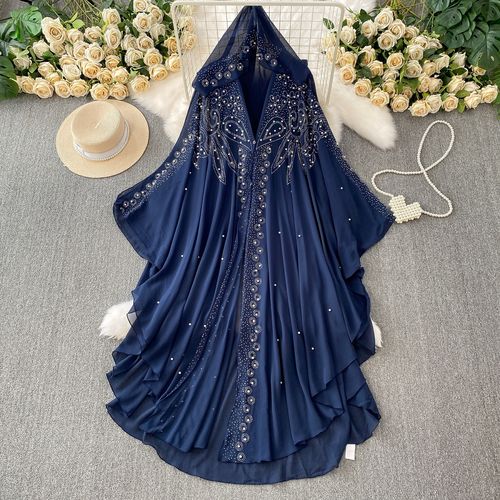 Women's  Rhinestone Beaded V‑Neck Hooded Flared Sleeve Irregular Chiffon Long Dress
