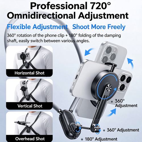Magnetic Neck Phone Mount, Quick Release First-Person View Shooting, Shock Absorption, Compatible with GoPro