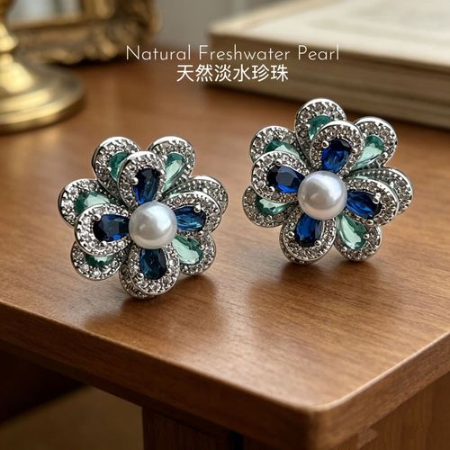 Freshwater Pearl Stud Earrings, Flower Zircon Inlaid Dainty Ear Jewelry for Women