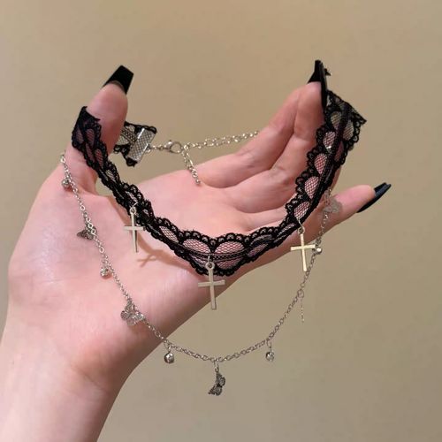 Black Lace Choker with Cross Pendant, Short Lace Neck Collar, Sweet Gothic Clavicle Necklace for Girls