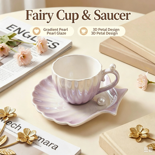 Creative Gradient Pearl Shell Coffee Cup & Saucer Set | Couple Afternoon Tea Ceramic Mug