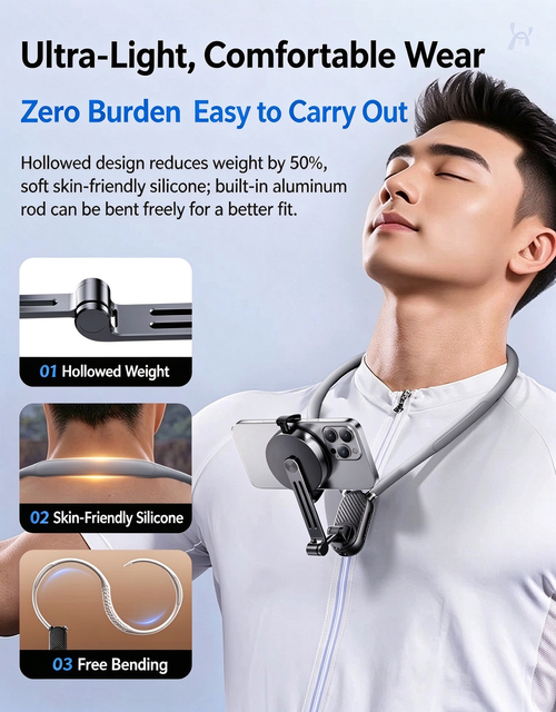 Magnetic Neck Phone Mount, Quick Release First-Person View Shooting, Shock Absorption, Compatible with GoPro