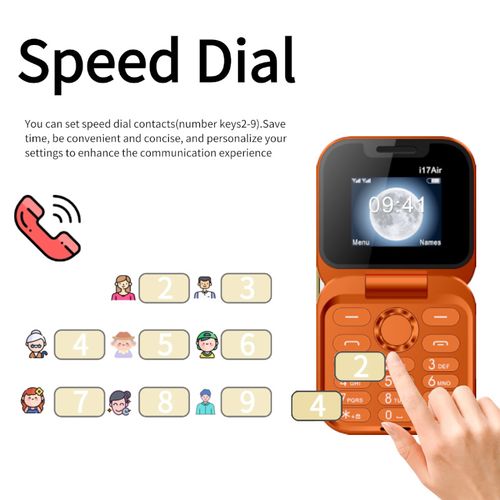 New i17 Air Orange Flip Keypad Backup Phone, Foldable Clamshell, Multi‑Language