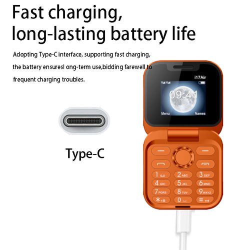 New i17 Air Orange Flip Keypad Backup Phone, Foldable Clamshell, Multi‑Language