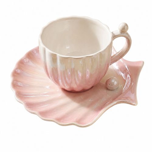 Creative Gradient Pearl Shell Coffee Cup & Saucer Set | Couple Afternoon Tea Ceramic Mug