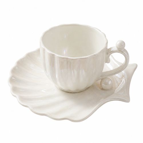Creative Gradient Pearl Shell Coffee Cup & Saucer Set | Couple Afternoon Tea Ceramic Mug