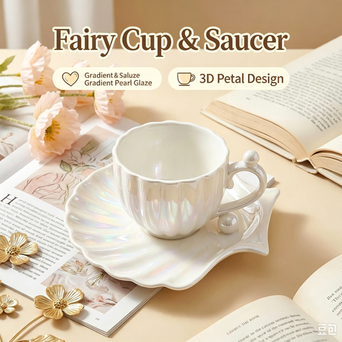 Creative Gradient Pearl Shell Coffee Cup & Saucer Set | Couple Afternoon Tea Ceramic Mug