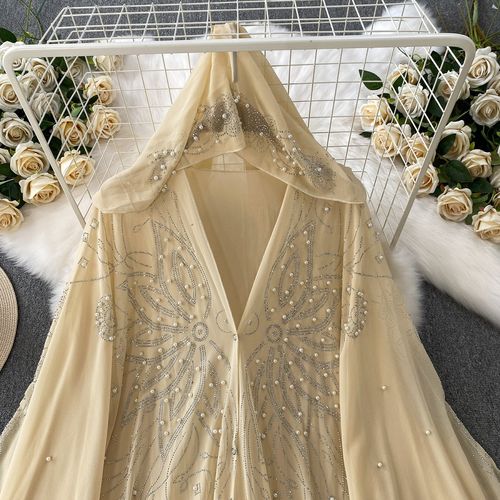 Women's  Rhinestone Beaded V‑Neck Hooded Flared Sleeve Irregular Chiffon Long Dress