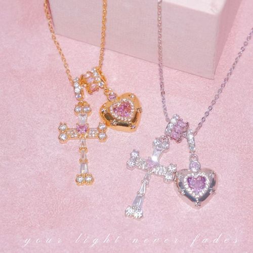 18K Gold Plated Cross & Heart Pendant Necklace, Inlaid Heart Design Versatile Chain