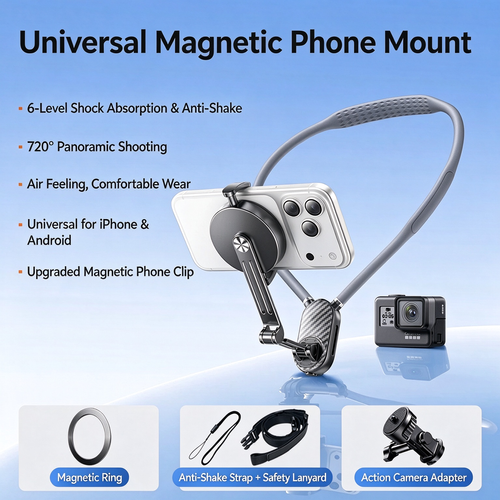 Magnetic Neck Phone Mount, Quick Release First-Person View Shooting, Shock Absorption, Compatible with GoPro