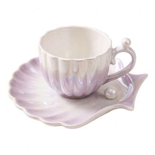 Creative Gradient Pearl Shell Coffee Cup & Saucer Set | Couple Afternoon Tea Ceramic Mug