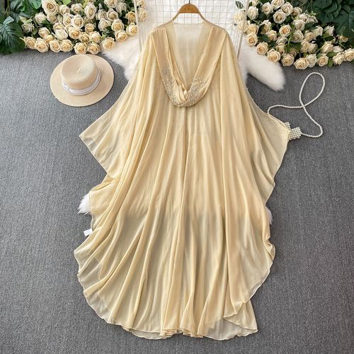 Women's  Rhinestone Beaded V‑Neck Hooded Flared Sleeve Irregular Chiffon Long Dress