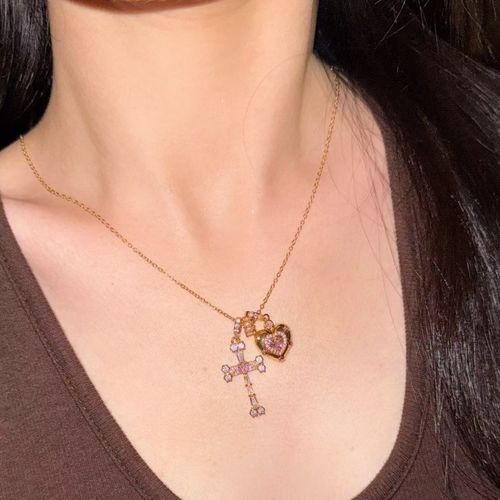 18K Gold Plated Cross & Heart Pendant Necklace, Inlaid Heart Design Versatile Chain