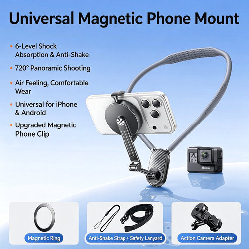 Magnetic Neck Phone Mount, Quick Release First-Person View Shooting, Shock Absorption, Compatible with GoPro