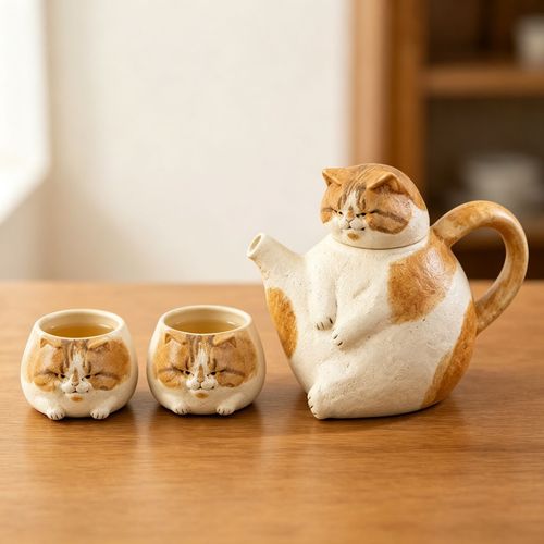 Rough Pottery Cat Teapot Set, High Aesthetic Ceramic Kettle & Cups, Heat Resistant Ceramic Mugs  >