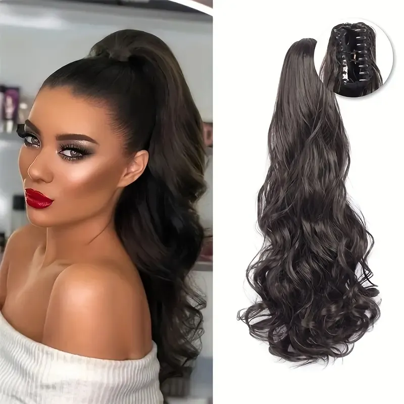 20- Long Curly Wave Ponytail Wig - Invisible Clip-In Extension for Women, Natural-Looking Straight Hairpiece for Daily Wear & Parties, Easy to Style with Heat Tools, Party Hair Accessory, Y2K Hair Style, Secure Clip Attachment