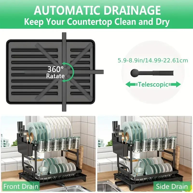 2-Tier Metal Dish Drying Rack with Drainboard, Multifunctional Kitchen Dish Rack with Utensil & Cup Holder, Space-Saving, Rustproof, Black