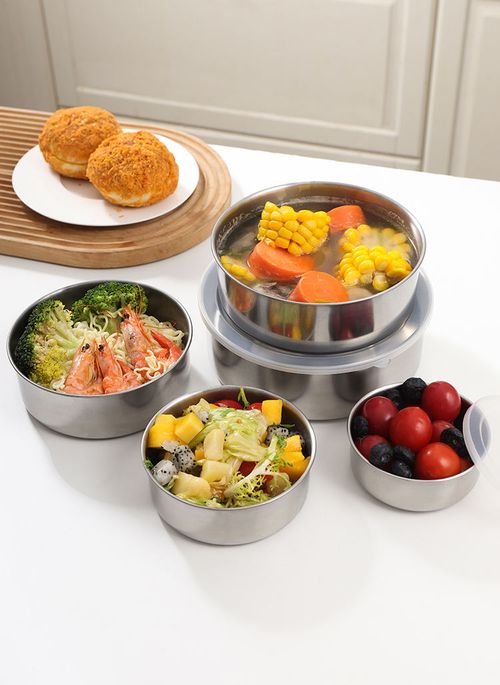 (5 pieces) Stainless steel food storage containers, round kitchen refrigerator food storage containers with lids