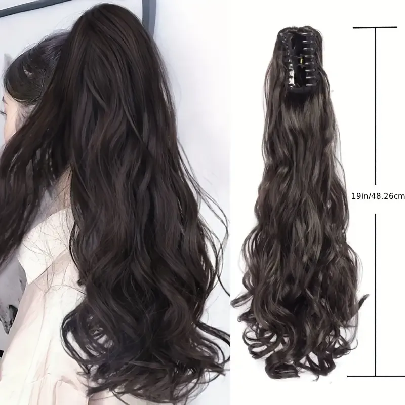 20- Long Curly Wave Ponytail Wig - Invisible Clip-In Extension for Women, Natural-Looking Straight Hairpiece for Daily Wear & Parties, Easy to Style with Heat Tools, Party Hair Accessory, Y2K Hair Style, Secure Clip Attachment