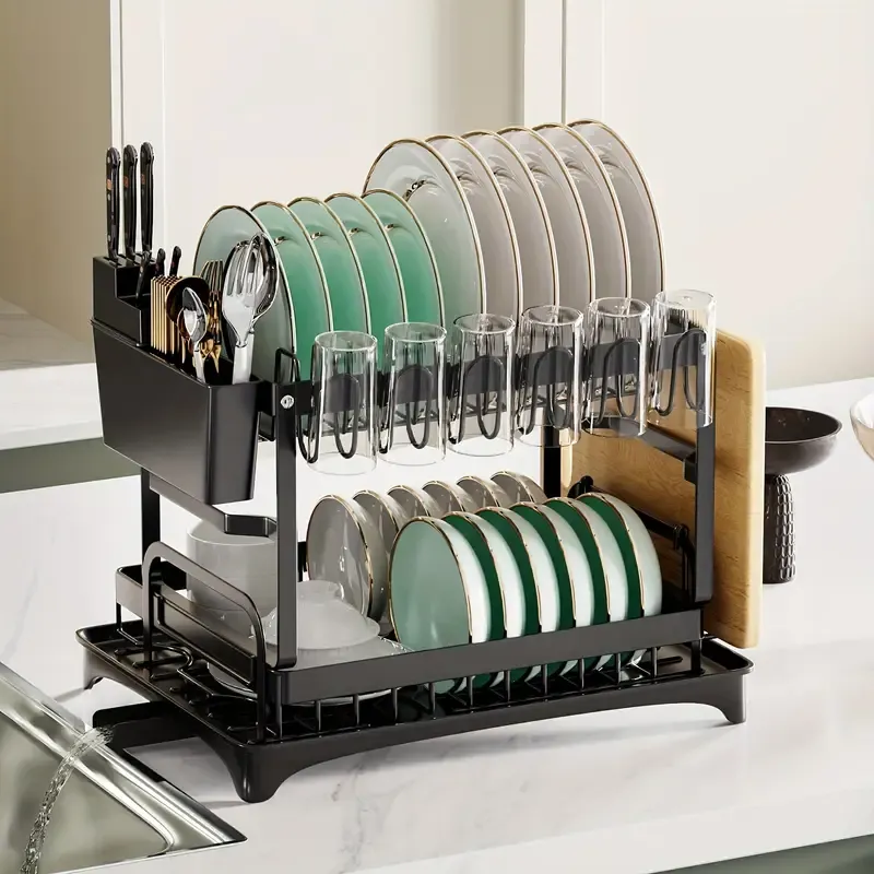 2-Tier Metal Dish Drying Rack with Drainboard, Multifunctional Kitchen Dish Rack with Utensil & Cup Holder, Space-Saving, Rustproof, Black
