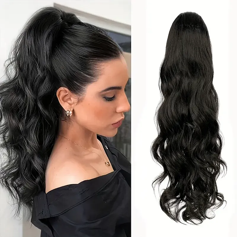 20- Long Curly Wave Ponytail Wig - Invisible Clip-In Extension for Women, Natural-Looking Straight Hairpiece for Daily Wear & Parties, Easy to Style with Heat Tools, Party Hair Accessory, Y2K Hair Style, Secure Clip Attachment