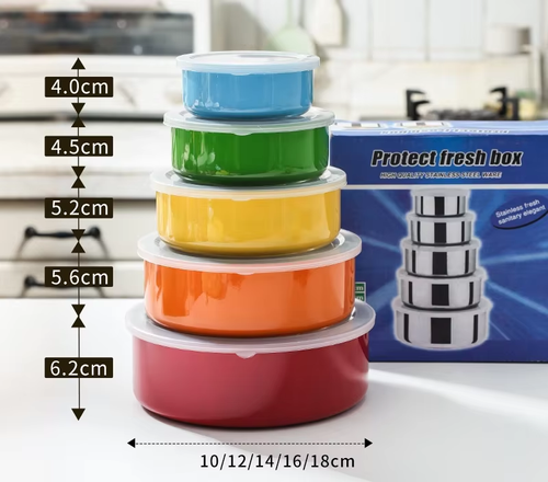 (5 pieces) Stainless steel food storage containers, round kitchen refrigerator food storage containers with lids