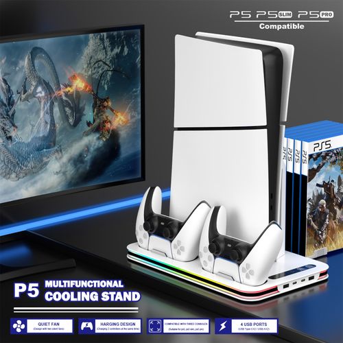 PS5 multi-function console cooling fan base, controller charging dock with RGB lights