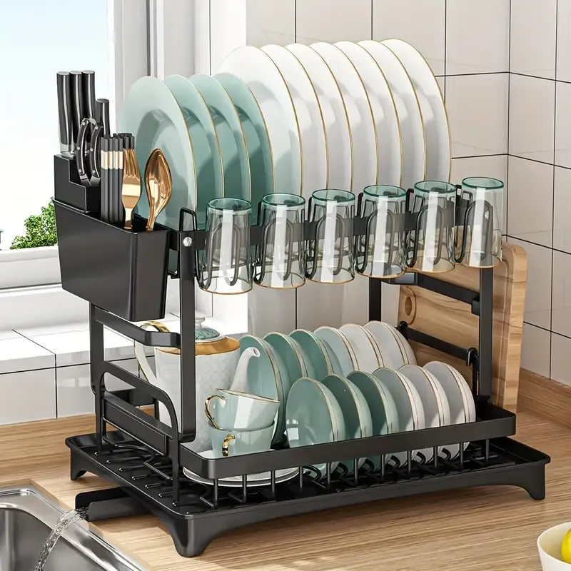 2-Tier Metal Dish Drying Rack with Drainboard, Multifunctional Kitchen Dish Rack with Utensil & Cup Holder, Space-Saving, Rustproof, Black