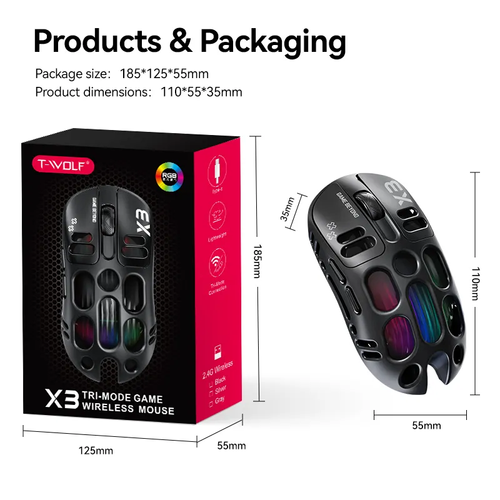 2025 Popular T-WOLF X3 Wireless Mouse Paw3311 Sensor Hollow Design Rgb Colorful Breathing Light Laptop Entertainment Compatible