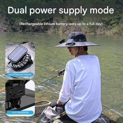 A Sun Hat with Two Solar-Powered Fans, Featuring an Adjustable Chin Strap And Breathable Mesh, Suitable for Fishing, Travel, Camping, And Hiking - Machine Washable, Made of 100% Polyester, Camping Accessory.