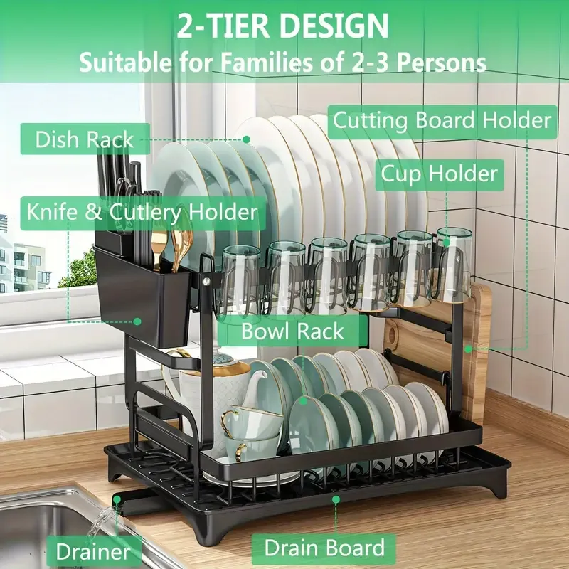 2-Tier Metal Dish Drying Rack with Drainboard, Multifunctional Kitchen Dish Rack with Utensil & Cup Holder, Space-Saving, Rustproof, Black