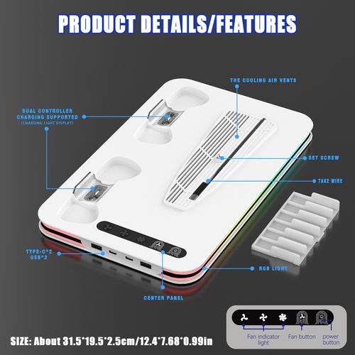 PS5 multi-function console cooling fan base, controller charging dock with RGB lights