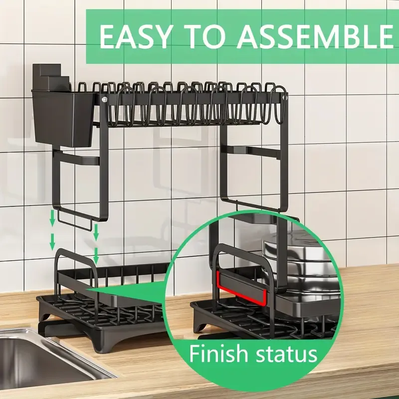 2-Tier Metal Dish Drying Rack with Drainboard, Multifunctional Kitchen Dish Rack with Utensil & Cup Holder, Space-Saving, Rustproof, Black
