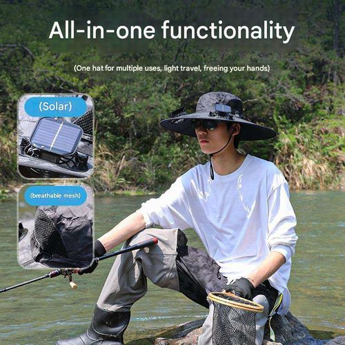 A Sun Hat with Two Solar-Powered Fans, Featuring an Adjustable Chin Strap And Breathable Mesh, Suitable for Fishing, Travel, Camping, And Hiking - Machine Washable, Made of 100% Polyester, Camping Accessory.