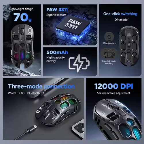 2025 Popular T-WOLF X3 Wireless Mouse Paw3311 Sensor Hollow Design Rgb Colorful Breathing Light Laptop Entertainment Compatible