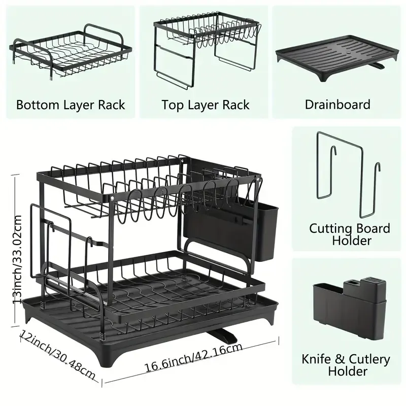 2-Tier Metal Dish Drying Rack with Drainboard, Multifunctional Kitchen Dish Rack with Utensil & Cup Holder, Space-Saving, Rustproof, Black