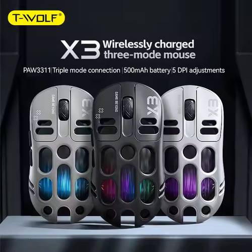 2025 Popular T-WOLF X3 Wireless Mouse Paw3311 Sensor Hollow Design Rgb Colorful Breathing Light Laptop Entertainment Compatible