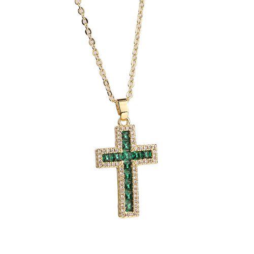 Colar Cruz Zircão Verde! Borda Dourada + Zircão Corrente Aço Inoxidável Antialérgico Favorito dos Jovens Presente Ideal para Namorado(a)
