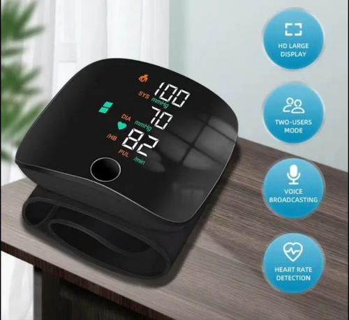 Manguito de pressão arterial de pulso totalmente automático com ecrã LED digital de ecrã inteiro, máquina de pressão arterial com transmissão de voz