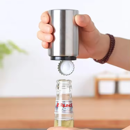 Abridor de garrafas de cerveja automático portátil e sustentável, em metal, aço inoxidável, logótipo personalizável, prensa para vinho, tampa magnética, venda imperdível