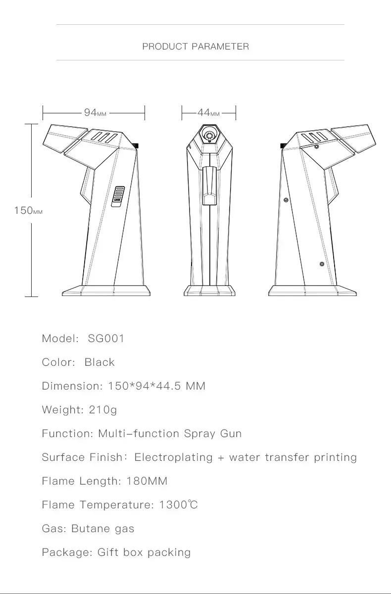 SG001 FOCUS Prism Butane Refillable Torch Flame Lighter for Kitchen BBQ Camping Yellow (No gas)