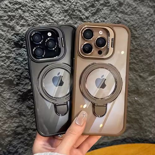 The fashionable hollowed-out lens holder magnetic phone case is suitable for iPhone 11, 12, 13, 14, 15, 16 promax invisible holder phone accessories