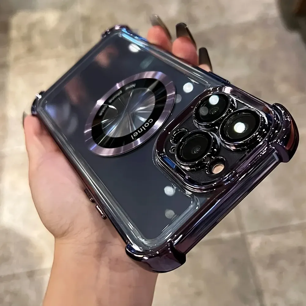 Luxurious transparent magnetic wireless charging phone case suitable for iPhone 16promax-16pro-16plus-16 15 14 13 12 11 phone case with lens protector shockproof transparent soft case