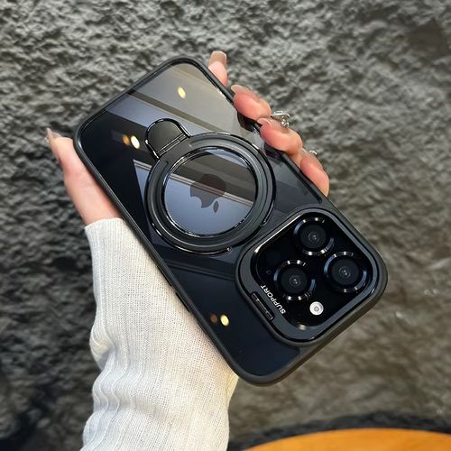 The fashionable hollowed-out lens holder magnetic phone case is suitable for iPhone 11, 12, 13, 14, 15, 16 promax invisible holder phone accessories