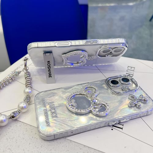 Pearl Crown Mirror for iPhones 11, 12, 13, 14, 15, 16 Pro Max with Full Coverage Lens Film and Silk Fabric Case