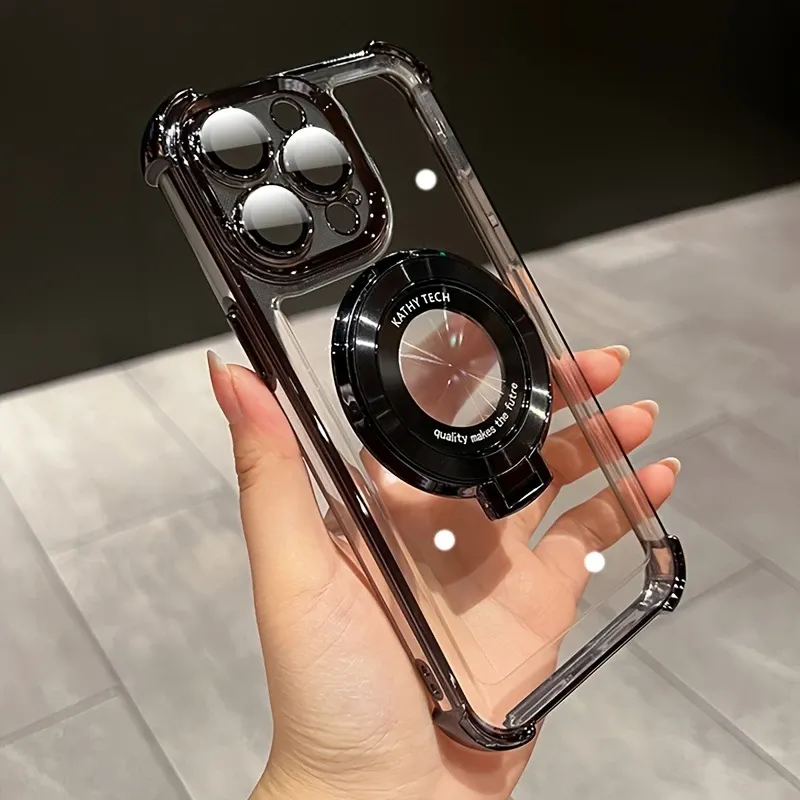 iPhone 11 12 13 14 15 16 Pro Max Plus advanced electroplated magnetic air bag phone case with wireless charging. It features a shock-absorbing adjustable stand and a hollow Logo back cover. Additionally, it includes a protective camera lens cover.